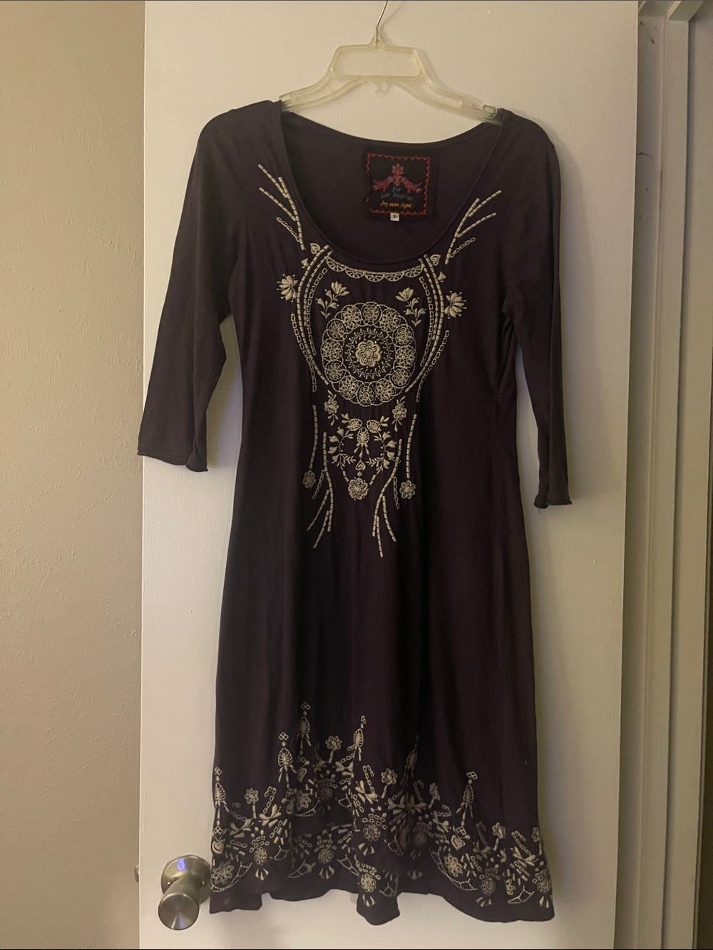 Johnny Was Embroidered Scoop Neck Black Dress with Three-Quarter Sleeves -Size S